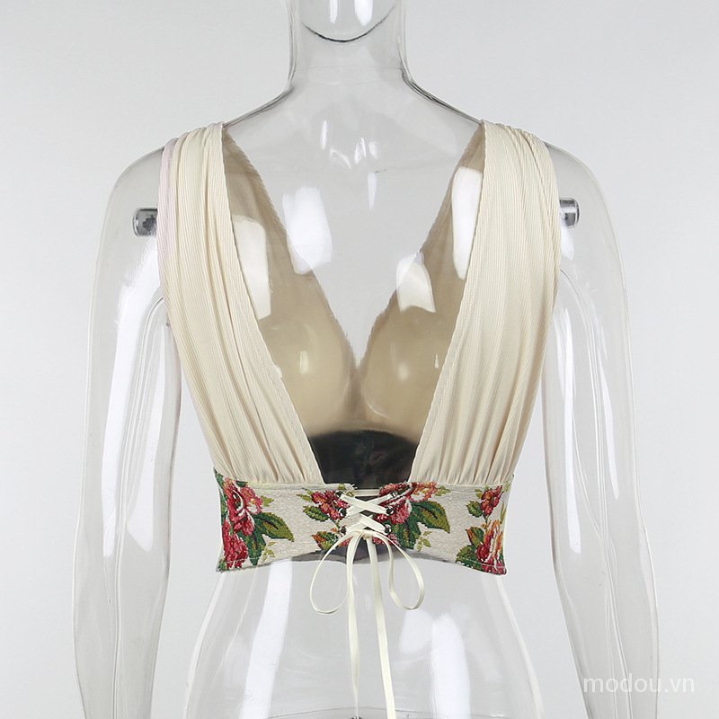 Áo Tank Top hoạ tiết hoa thiết kế cổ chữ V phong cách Vintage