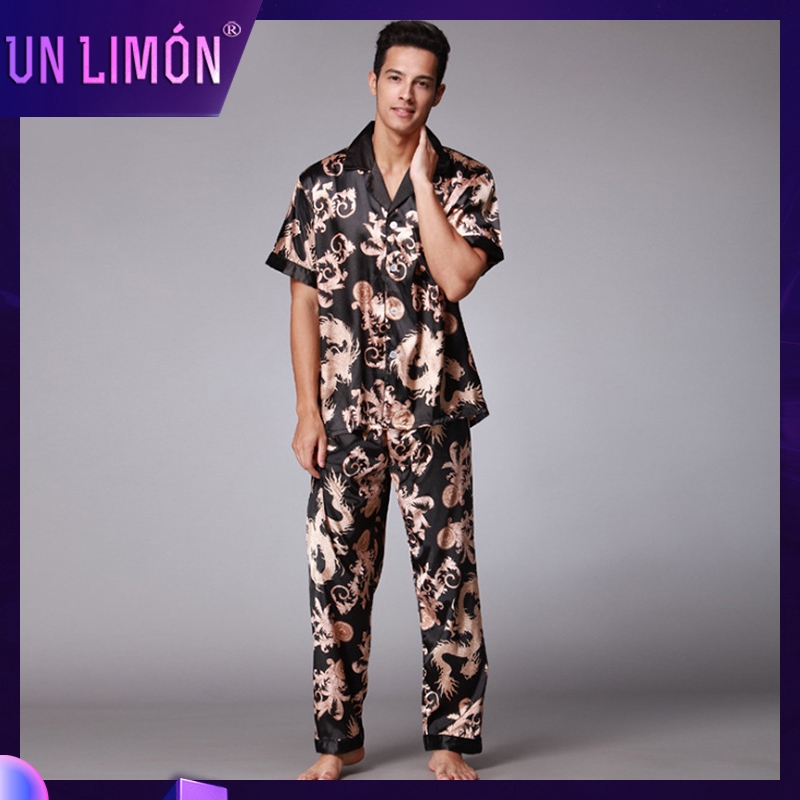 Bộ pijama lụa tay ngắn UNLIMON thoải mái cho nam