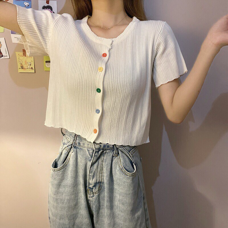 Áo Croptop Ulzzang trơn body cuốn biên đính cúc màu