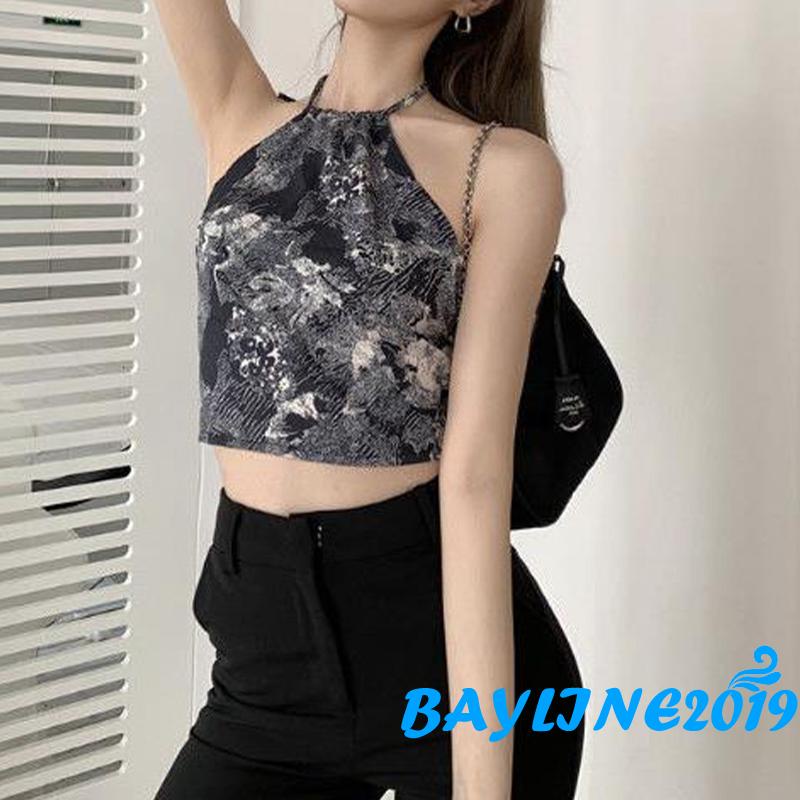 BAY-Women´s Sleeveless Cropped Vest, Pattern Printed Hanging Neck Tank Tops, Ladies Summer Slim-Fit Camisole
