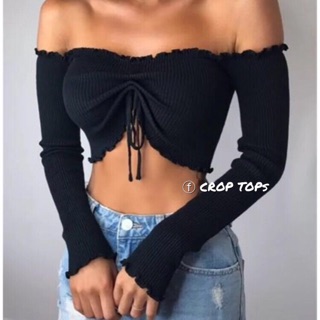 Áo Croptop trễ vai viền bèo dây rút điều chỉnh ôm body - by Sggz