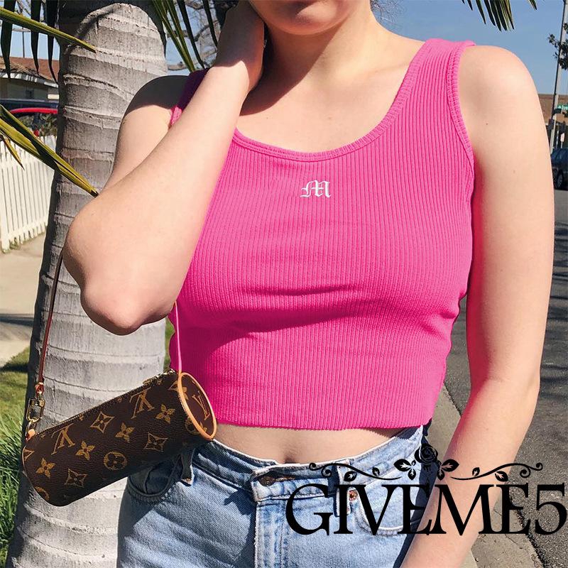 Áo croptop hai dây dệt kim thêu chữ gợi cảm cho nữ