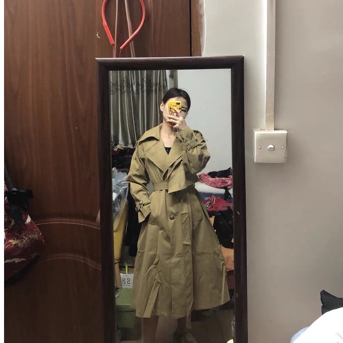 Áo mangto nữ dáng dài, áo khoác có dây buộc eo chất vải không nhăn phong cách Hàn Quốc 2021