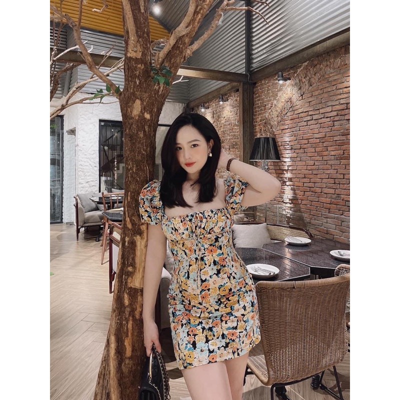 [Hàng Chuẩn] Váy Hoa Vàng Cổ Vuông Body, Đầm Hoa Tay Cộc Dáng Ôm Có Ảnh Thật Kèm Video | BigBuy360 - bigbuy360.vn