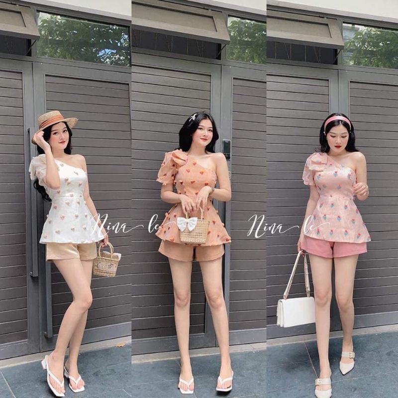Set áo lệch nơ vai bông gòn + short tafta.