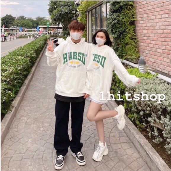 Hoodie Nam Nữ Tay Bồng Chữ Xanh Mũ 2 Lớp Unisex Form To Mũ Rộng Uzzlang