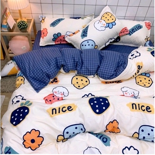 Bộ vỏ chăn ga gối cotton poly M2T bedding dâu chấm bi chăn ga Hàn Quốc đủ size miễn phí bo chun