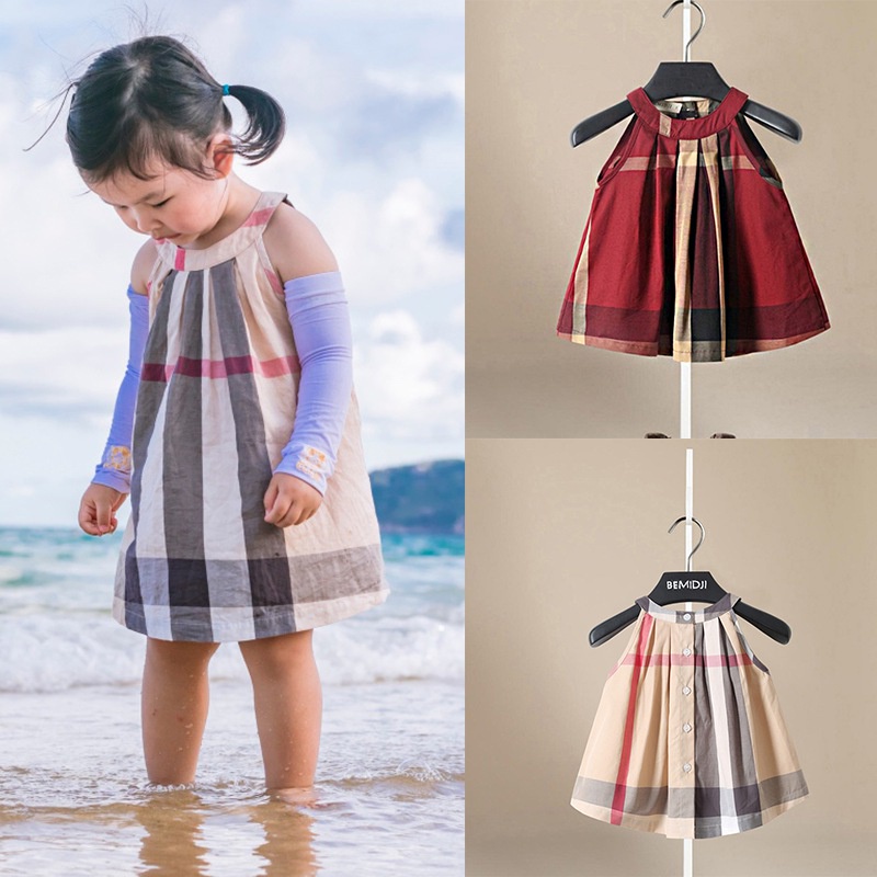 Đầm công chúa cotton không tay họa tiết sọc caro dễ thương phong cách hàn quốc cho bé gái