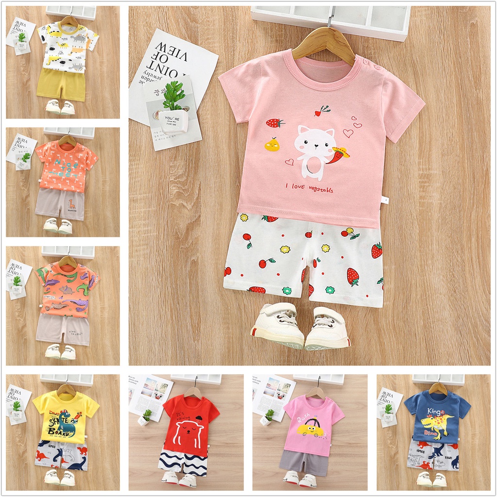 Set Đồ Mùa Hè 2 Món Gồm Áo Tay Cộc In Hoạt Hình + Quần Ngắn Cho Bé Sơ Sinh