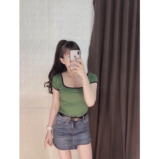 Áo croptop cổ vuông hình chụp thật 100%