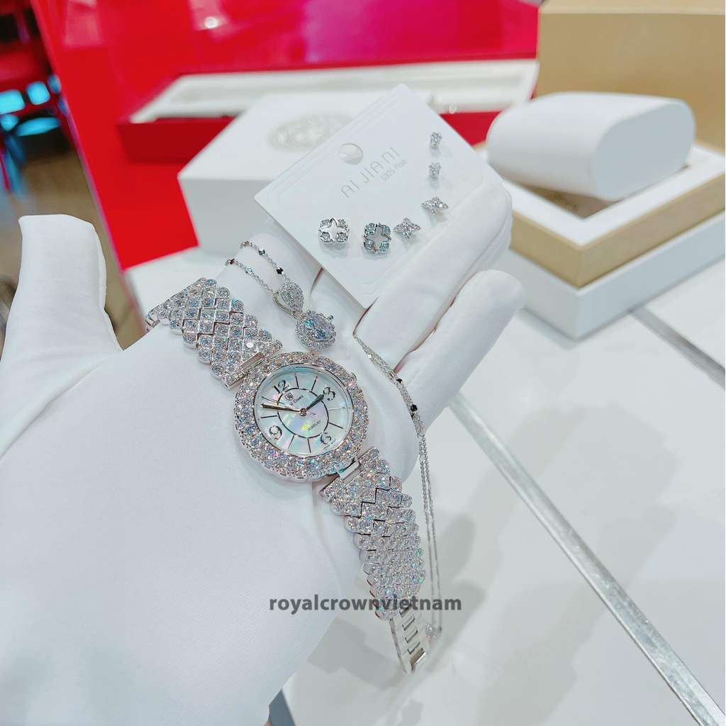 Đồng Hồ Nữ Chính Hãng Royal Crown 2607 Jewelry Dây Kim Loại Đính Đá Chống Nước Chống Xước