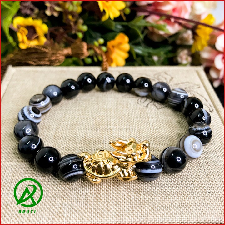 Vòng Tay Phong Thủy - Vòng Tay Mã Não 8mm Mix Long Quy Vàng Độc Lạ V379-8