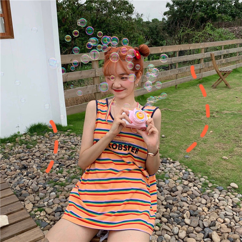 Áo không tay nữ Dáng Rộng In Chữ Màu Cầu Vồng Phong Cách Hàn Quốc Hàng Mới