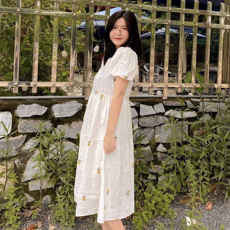 Váy Hoa Nhí Dáng Dài Tay Bồng - Họa Tiết Hoa Cúc - Vintage Ulzzang - Ảnh Thật - Titto Closet