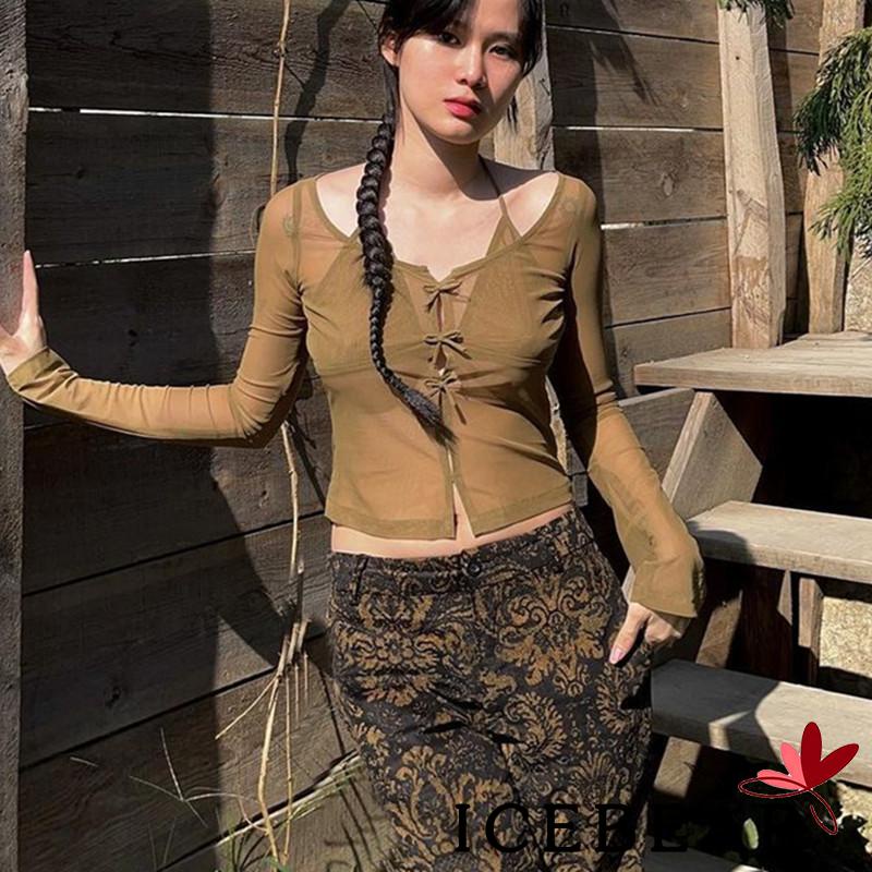 Áo Croptop Tay Dài Dáng Ôm Xuyên Thấu Màu Sắc Đơn Giản Dành Cho Nữ