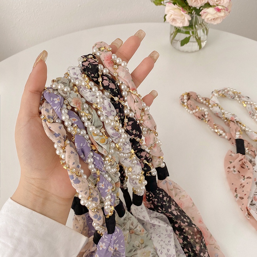 Dây cột tóc bện đính hoa và ngọc trai cho nữ