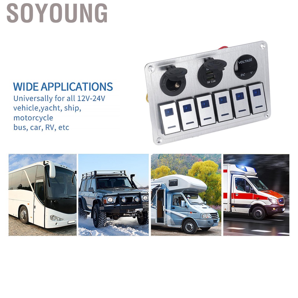 Soyoung Rocker Switch Panel 6 Gang On Off Blue LED Light 4.2A Dual USB Charger Port Aluminum Alloy for Car RV