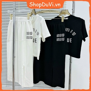 Set bộ đi chơi thời thượng chất thun gân áo croptop kèm chân váy xẻ tà họa tiết miumiu
