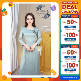 Áo dài XANH MIN thiết kế cổ vuông, tay bồng lỡ, chất vải lụa tây thi