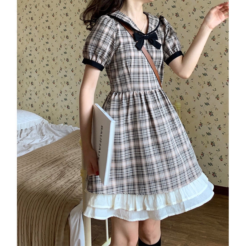 Đầm Tay Phồng Họa Tiết Ca Rô Ca Rô Phối Nơ Đáng Yêu Cho Nữ Mùa Hè
