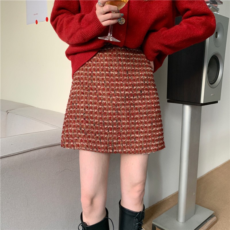[Mã FADIRECT20 giảm 20K đơn 150K] Chân váy mini caro vải tweed đỏ - V664