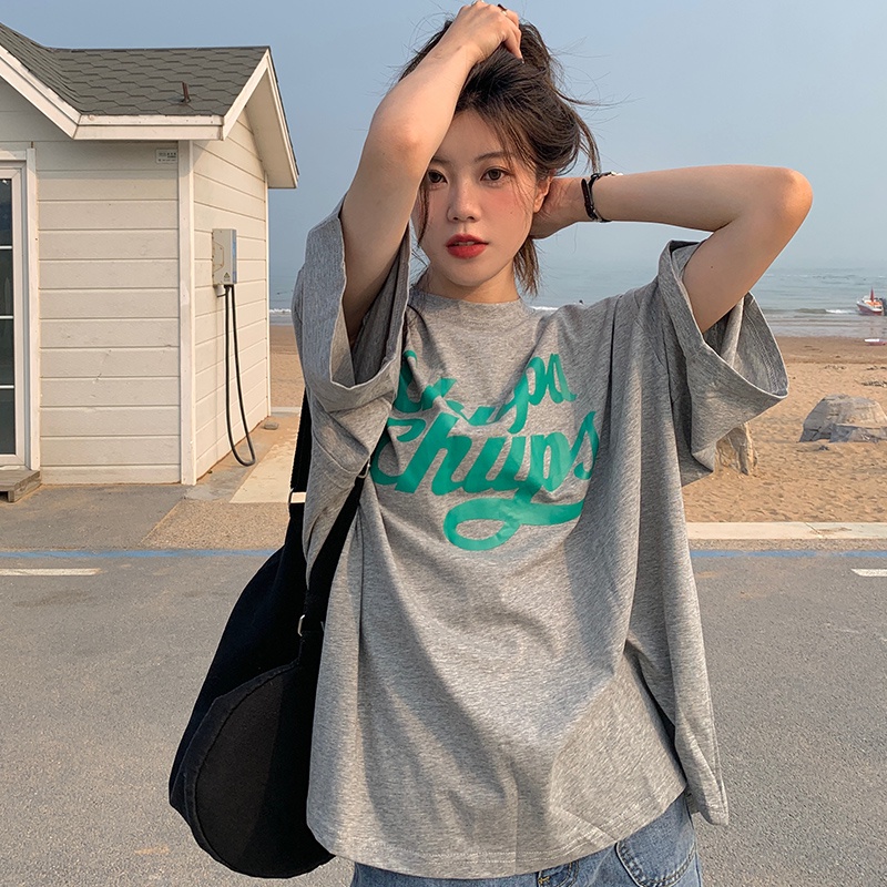 Áo thun SUXI tay ngắn cổ tròn dáng rộng in chữ thời trang mùa hè cho nữ