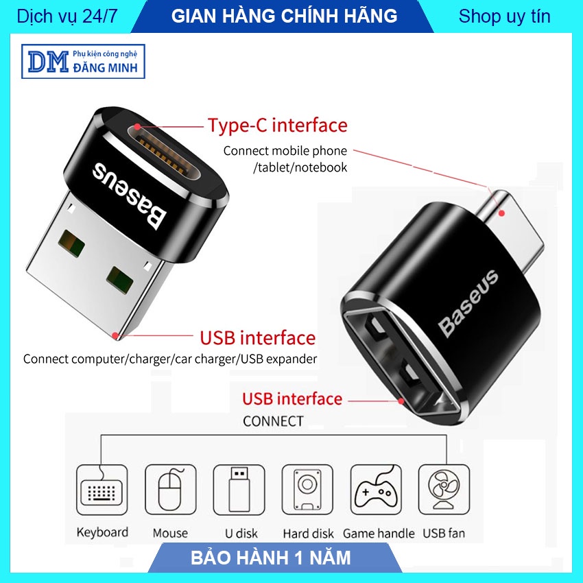 Đầu chuyển đổi OTG Baseus Type C thành USB và USB thành Type C, Type C Female to USB male, Type C Male to USB Female