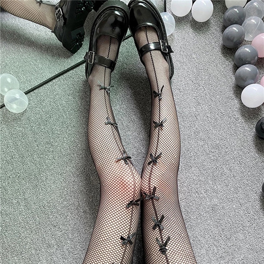 Quần Tất Lưới Xuyên Thấu Đính Nơ Phong Cách Lolita Nhật Bản Cho Nữ Trong Suốt