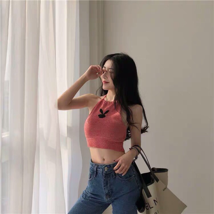 Áo Thun Croptop Phối Cổ Yếm In Hình Thỏ Bunny Cực Độc Đáo TTS0490