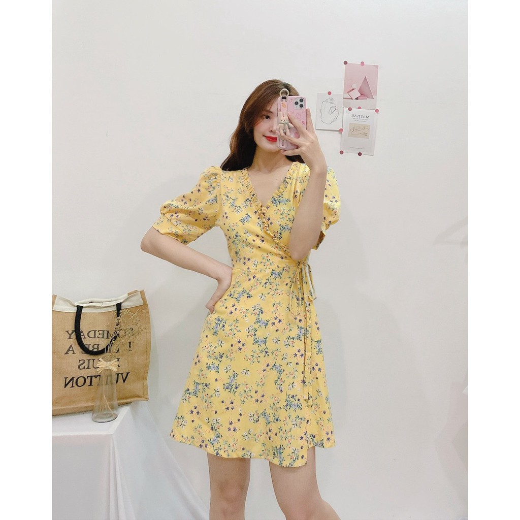 ĐẦM DỰ TIỆC XANH LỤA HOA NHÍ PHỐI VIỀN BÈO TAY LỠ CỔ ĐẮP CHÉO DÁNG XÒE-hình thật shop chụp