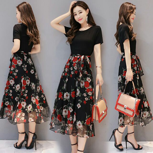Đầm Voan Xòe Nơ Eo, Đầm Dài Dự Tiệc Công Sở SAVVY Dress Cao Cấp