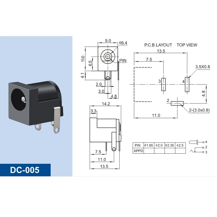 Jack DC cái 5.5*2.1 DC005 chân cắm, jack cắm nguồn DC cái 5.5*2.1 DC005 chân hàn