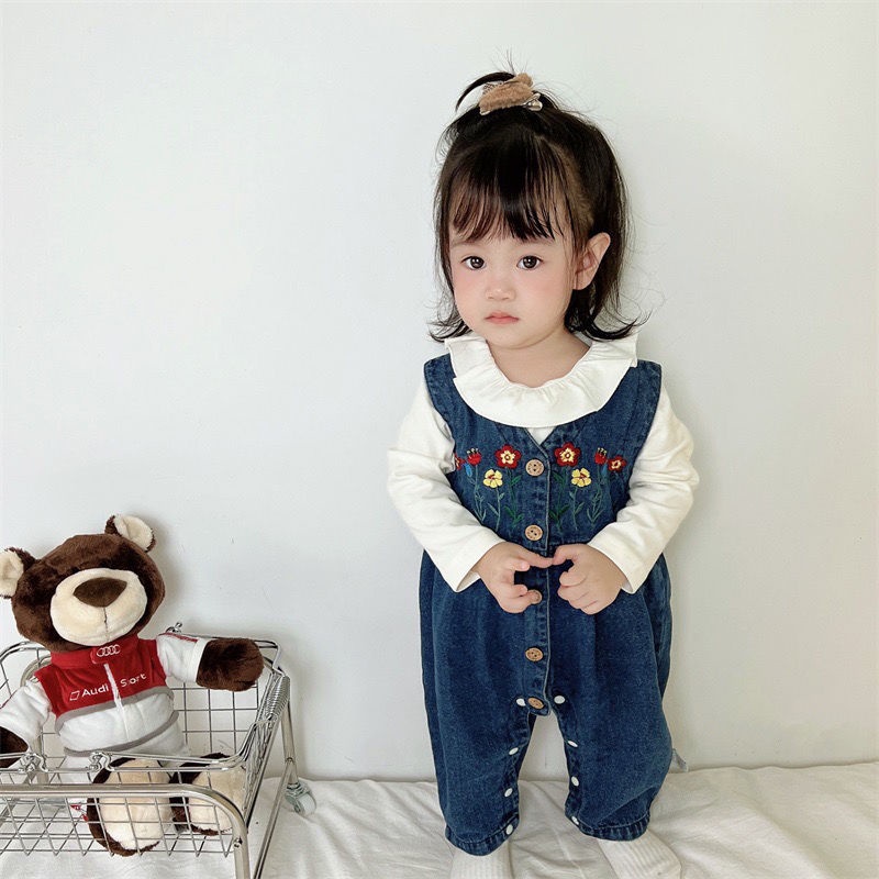 Bộ Áo Khoác Denim Dáng Rộng + Quần Yếm Denim Thời Trang Mùa Thu Hàn Quốc Cho Bé Gái