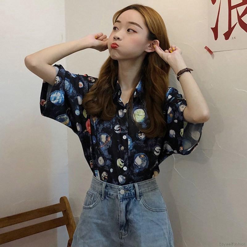 [Baywellfashion]Áo sơ mi tay ngắn in hình phong cách retro thời trang cho nữ