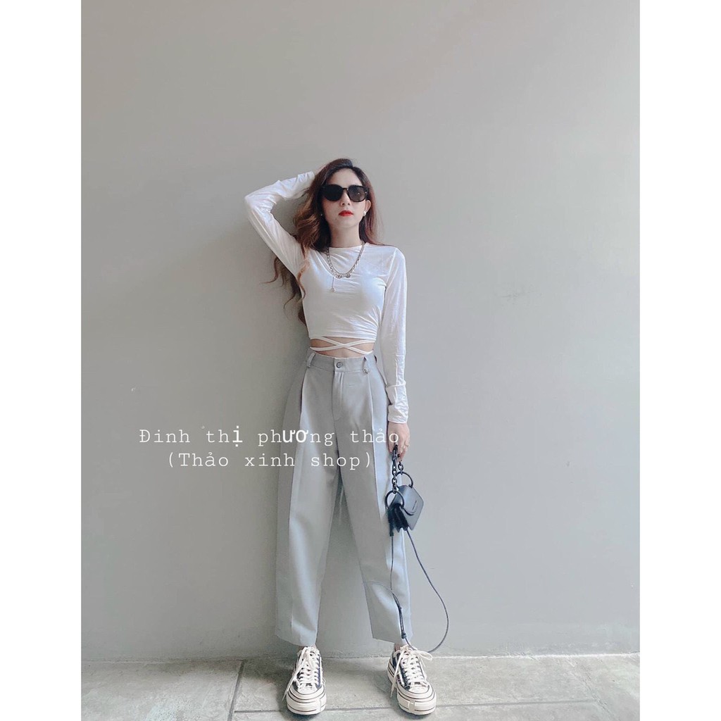 áo thun lụa tay dài phối dây cuốn buộc eo xinh xắn siêu xinh tôn dáng