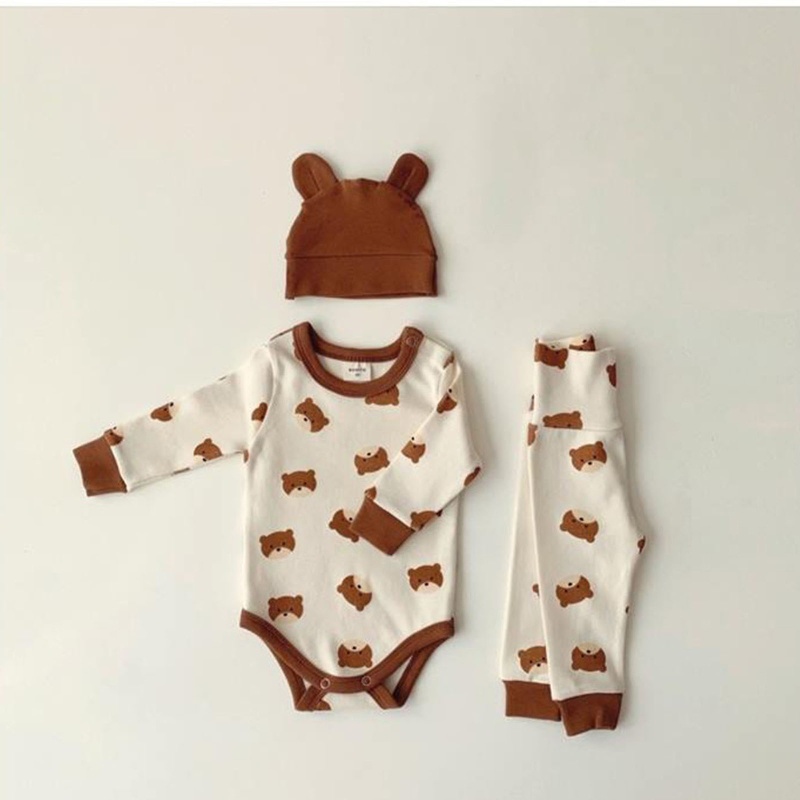 Bộ Áo Liền Quần Bằng Cotton Mềm Mại Kèm Mũ Hình Gấu Đáng Yêu Dành Cho Bé Trai