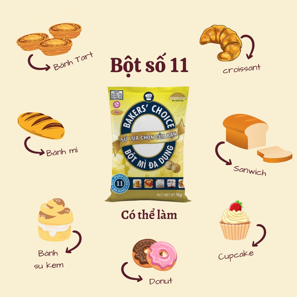 Bột mì số 8 Baker Choice dành cho bánh bông lan, bánh cupcake loại túi 1kg