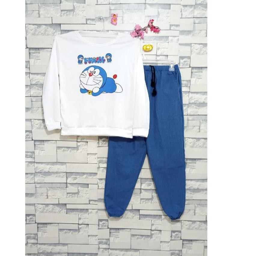 Set Đồ Bộ Dài Tay In Hình Doraemon + Quần Dài Cho Nữ Klm13