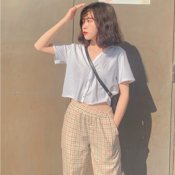 Áo Croptop Cổ V Form Rộng Nút Line Viền Siro Tuyết's House