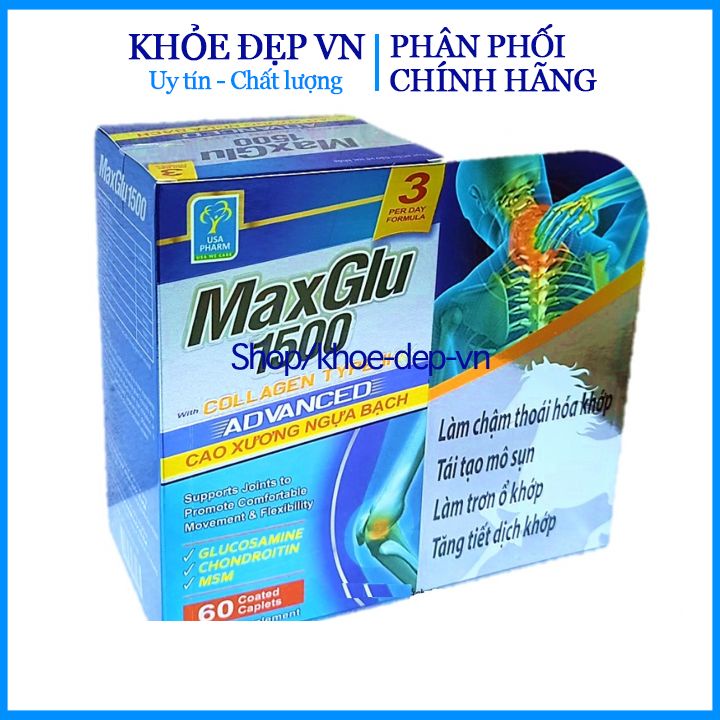 Viên uống xương khớp Maxglu 1500 ngăn ngừa thóa hóa xương khớp, giảm đau xương khớp - Lọ 60 viên