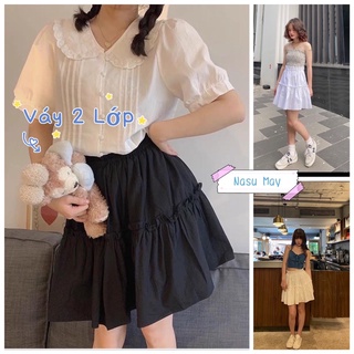 Chân Váy Nữ Xòe Dáng Ngắn 2 Tầng Lưng Cạp Cao Đen Trắng