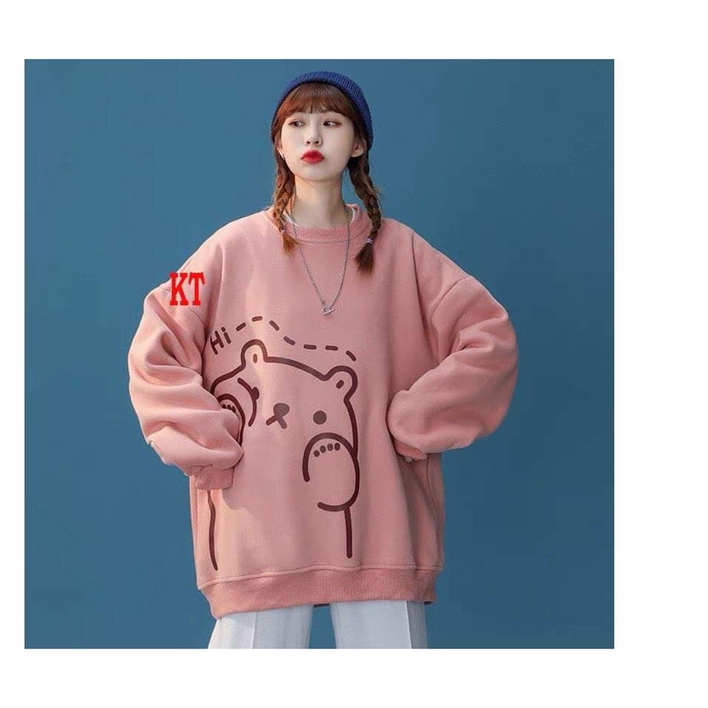 áo nỉ đẹp sweater tay bồng rộng in gấu hi