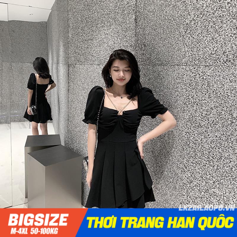 Đầm Bigsize Váy nữ dáng ôm tay ngắn cổ vuông chữ a xếp ly đen mùa hè Phong cách Hàn Quốc Thời Trang tiểu thư cá tính xinh đẹp cho người mập béo