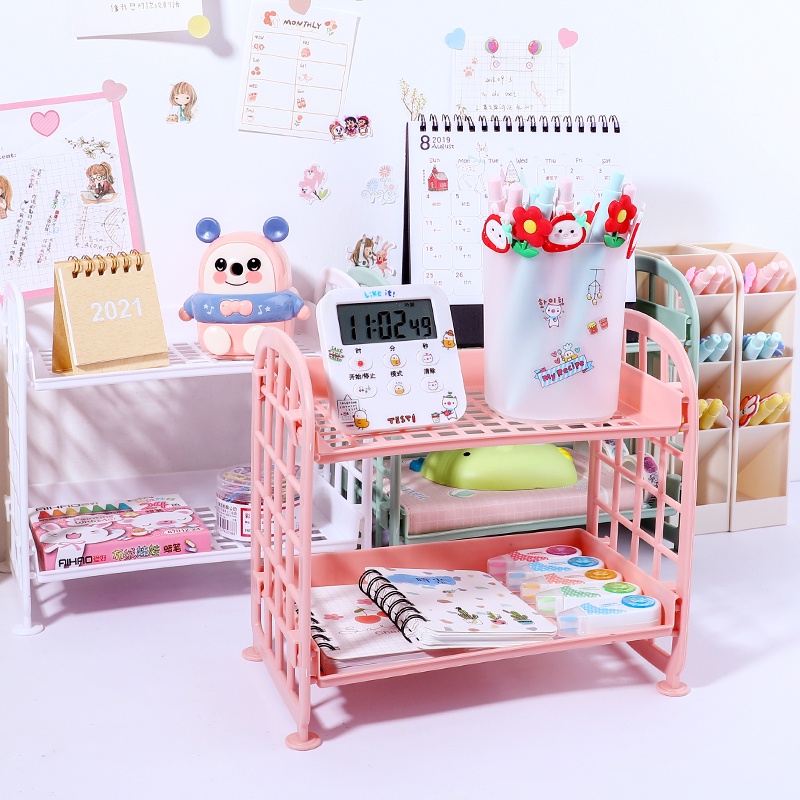 Kệ nhựa mini 2 tầng để đồ dùng học tập trang trí bàn học phong cách Hàn Quốc dành cho cô gái dễ thương