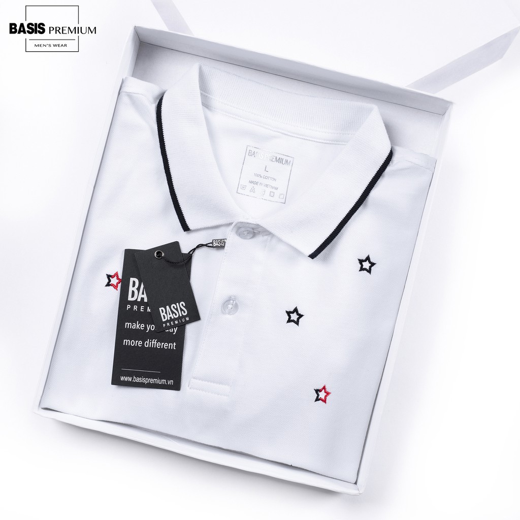 Áo thun polo nam 100% cotton cá sấu, thêu họa tiết ngôi sao và viền cổ cổ cấp, Basis APL194 đẹp ⭐