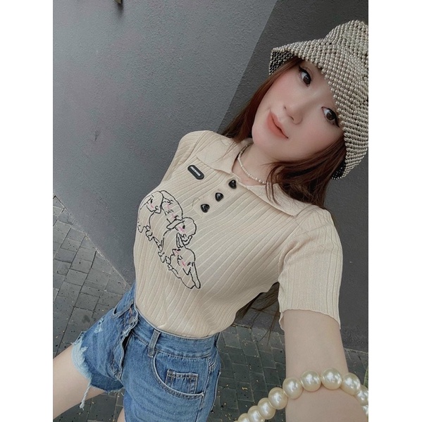 Áo THỎ GB cổ sơ mi nút thun gân tay ngắn cho Nữ - alohashop91
