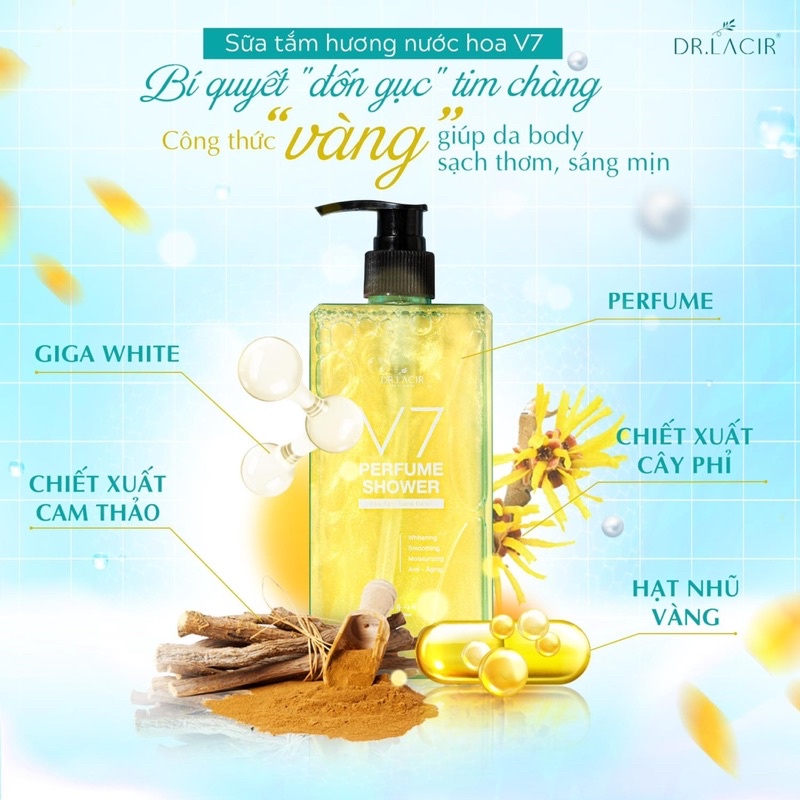 Sữa Tắm Trắng Da v7 DrLacir,Chai 350ml ,giúp da trắng sáng, bảo vệ da,thanh lọc da giúp da mịn màng