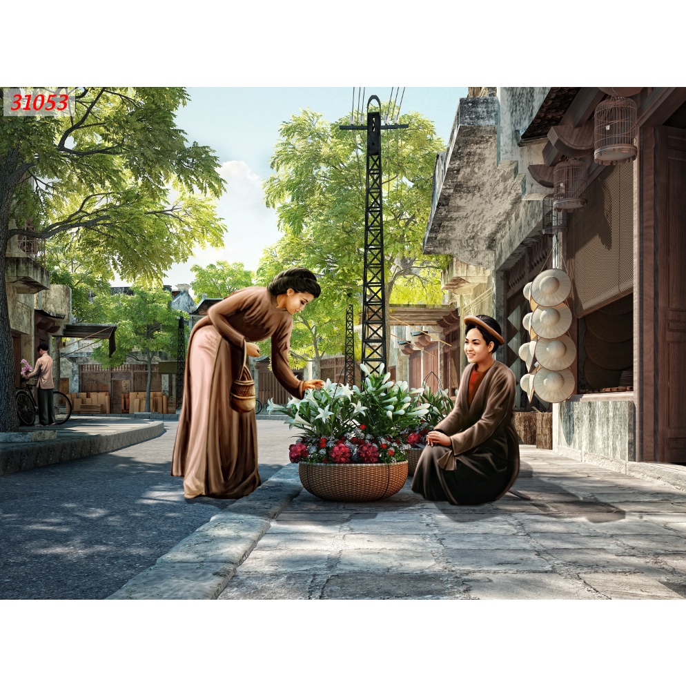 Tranh dán tường Trang Trí Cửa Hàng cao cấp đường phố, hẻm phố Hà Nội thập niên 80, 90 chống nước, không phai