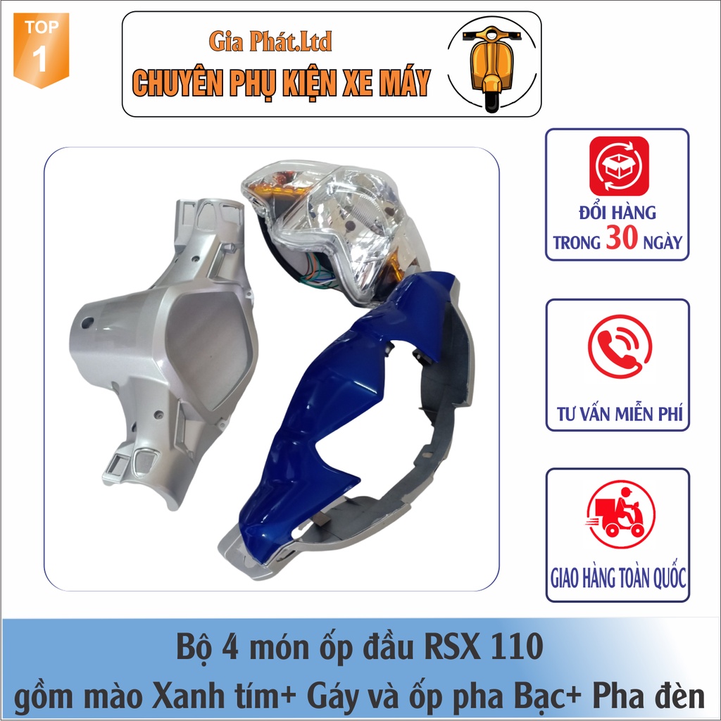 Combo ốp đầu Wave RSX 110  gồm Mào XANH TÍM - Gáy BẠC - và Pha đèn kèm bóng