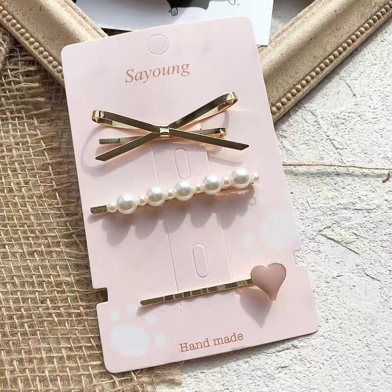 Set kẹp tóc hình trái tim đính nơ/ngọc trai/ trái tim màu hồng dễ thương phong cách Hàn Quốc cho nữ